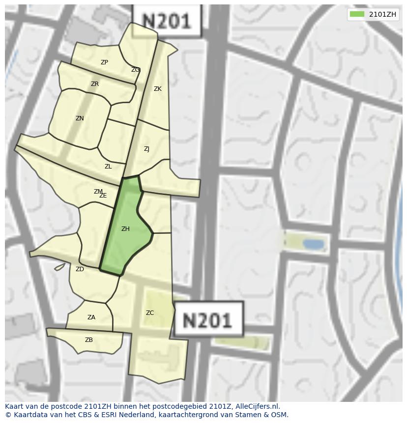 Afbeelding van het postcodegebied 2101 ZH op de kaart.