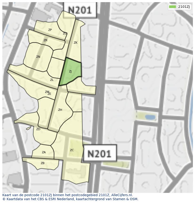 Afbeelding van het postcodegebied 2101 ZJ op de kaart.