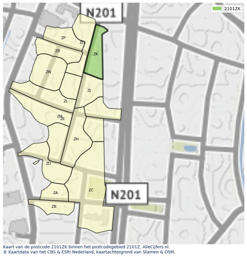 Afbeelding van het postcodegebied 2101 ZK op de kaart.