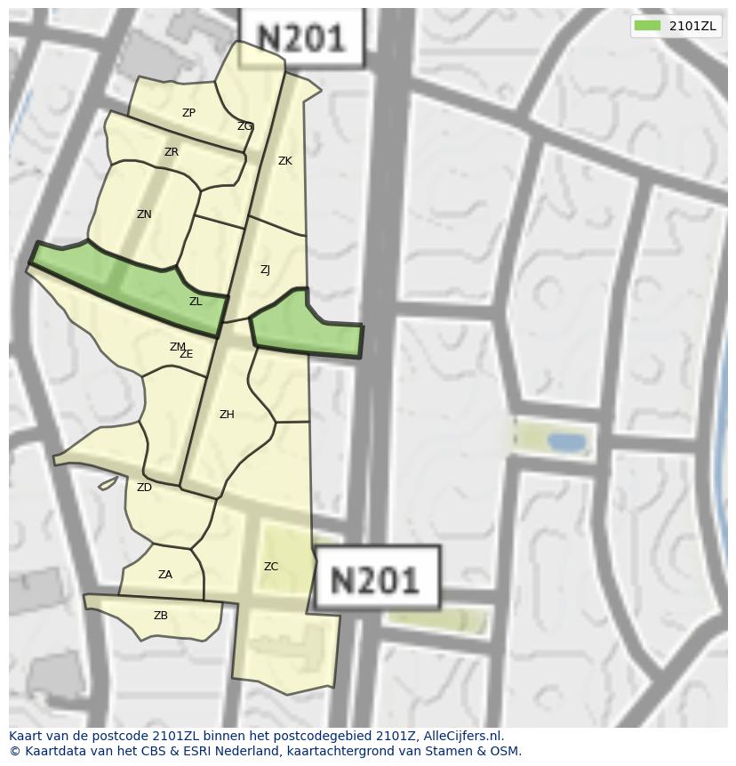 Afbeelding van het postcodegebied 2101 ZL op de kaart.