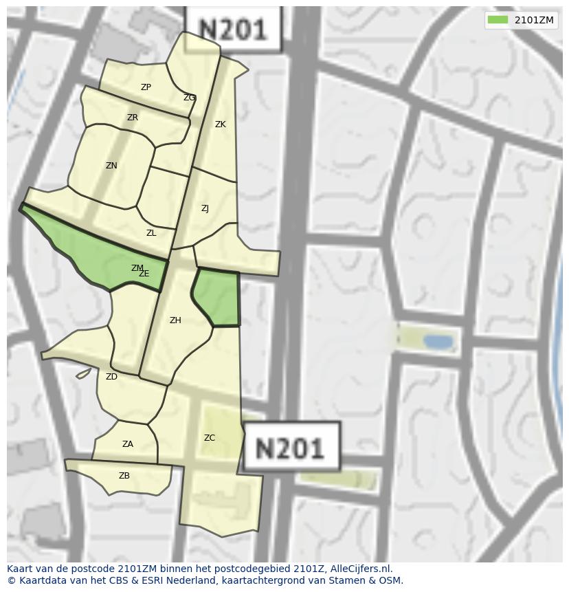 Afbeelding van het postcodegebied 2101 ZM op de kaart.