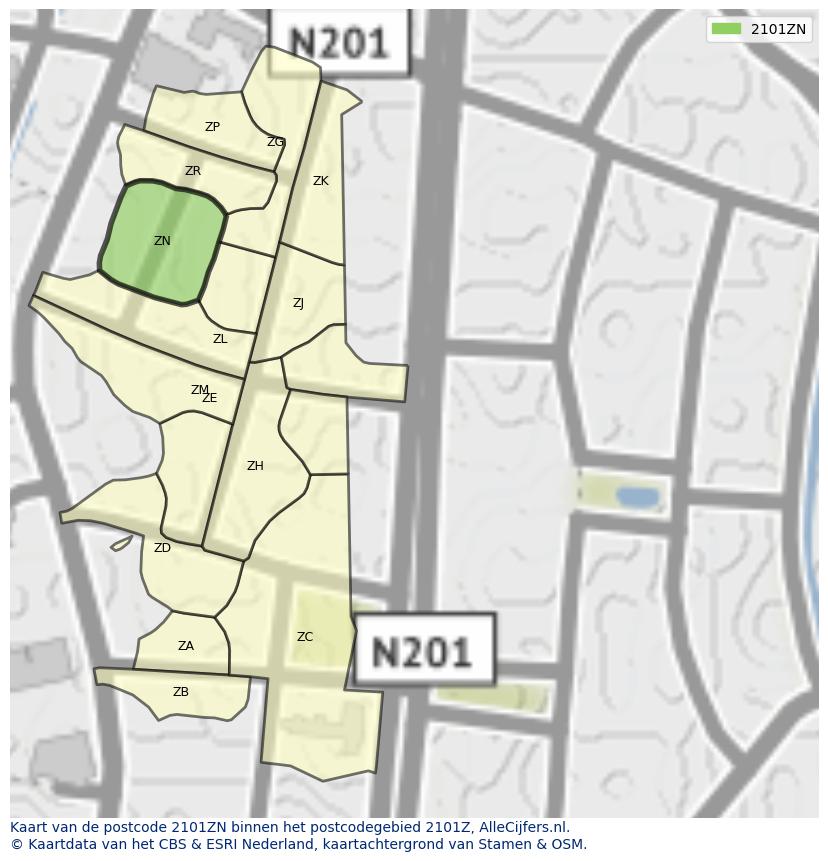 Afbeelding van het postcodegebied 2101 ZN op de kaart.
