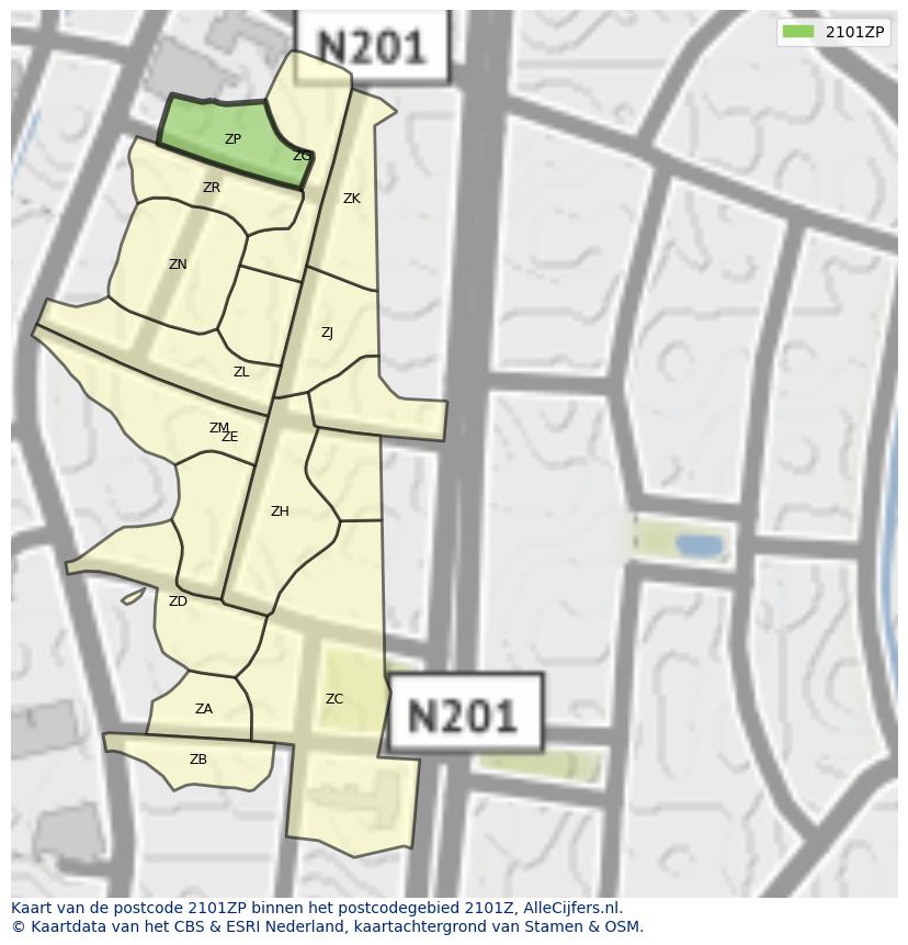 Afbeelding van het postcodegebied 2101 ZP op de kaart.