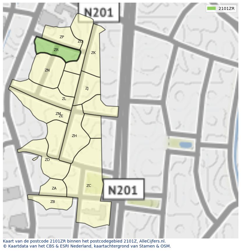 Afbeelding van het postcodegebied 2101 ZR op de kaart.