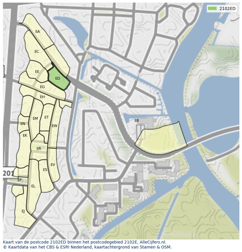 Afbeelding van het postcodegebied 2102 ED op de kaart.
