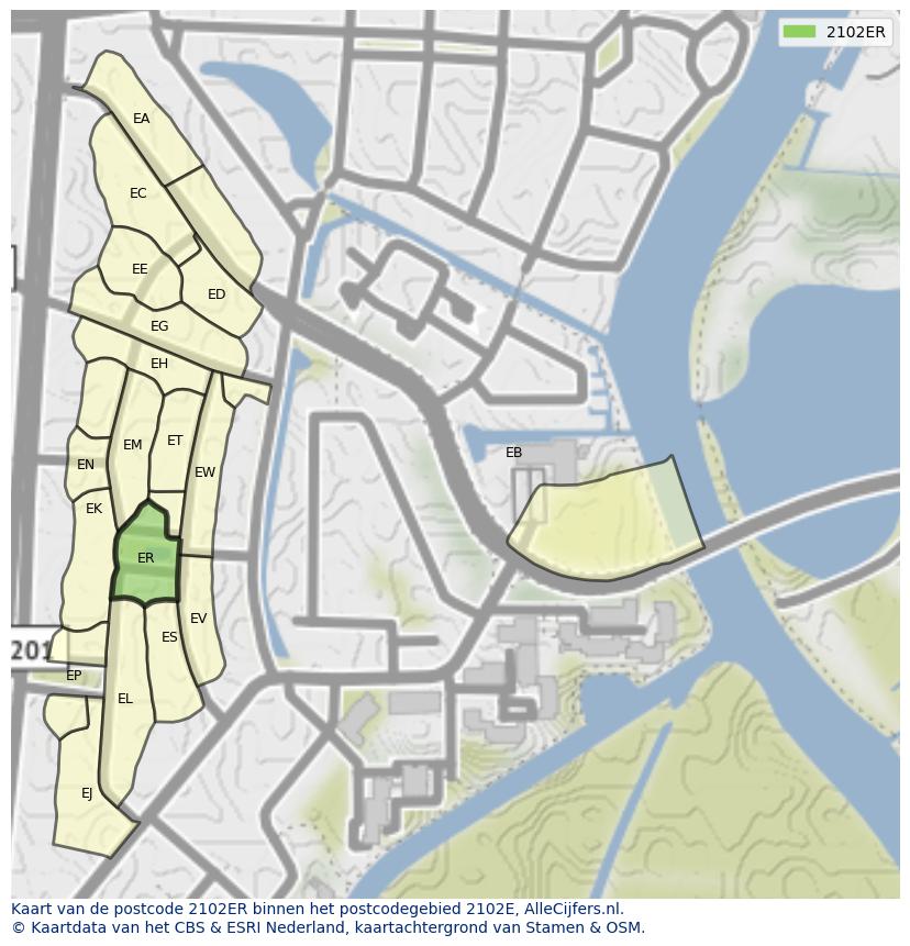 Afbeelding van het postcodegebied 2102 ER op de kaart.