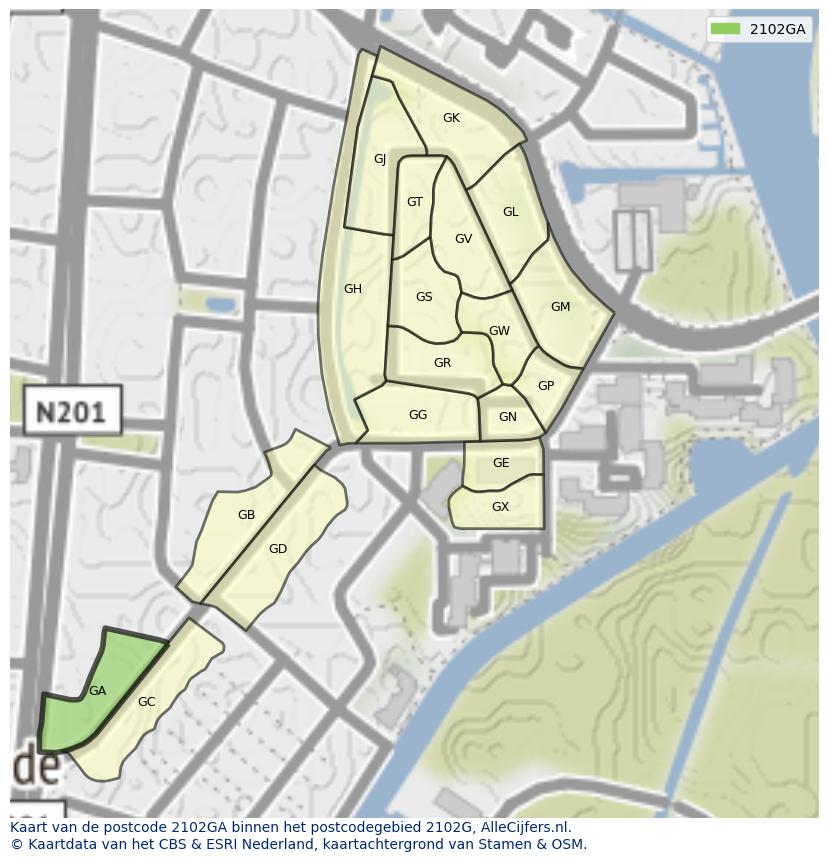 Afbeelding van het postcodegebied 2102 GA op de kaart.
