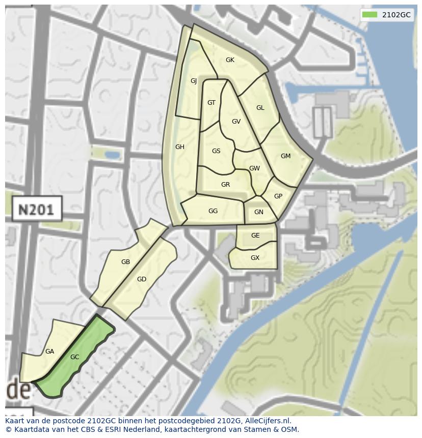 Afbeelding van het postcodegebied 2102 GC op de kaart.