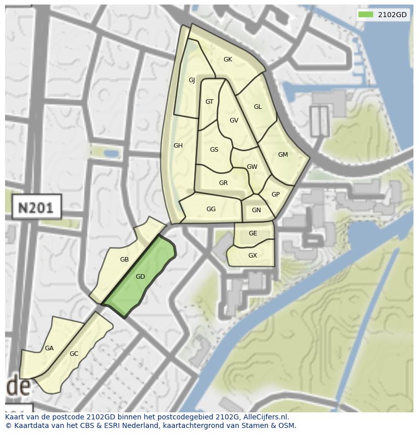 Afbeelding van het postcodegebied 2102 GD op de kaart.