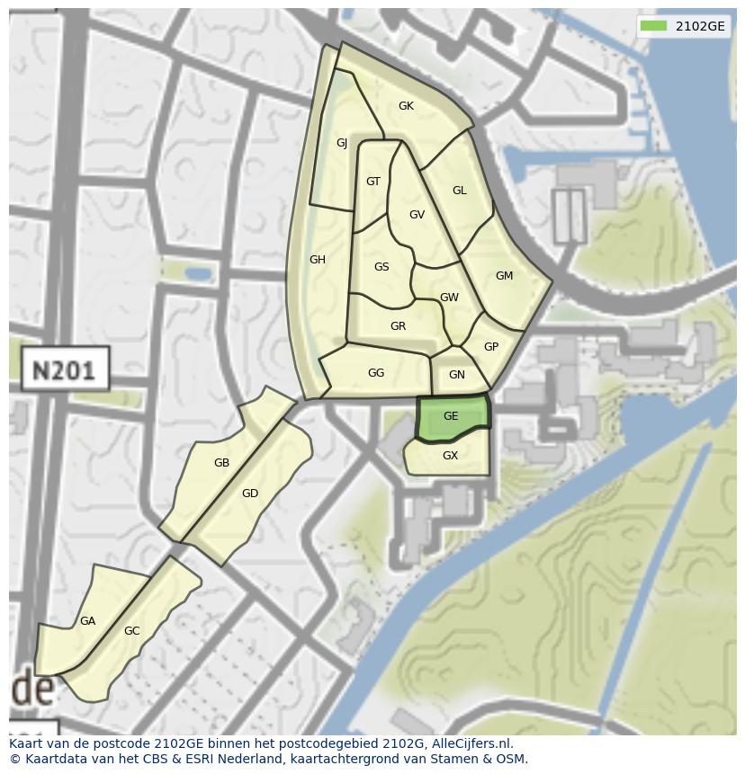 Afbeelding van het postcodegebied 2102 GE op de kaart.