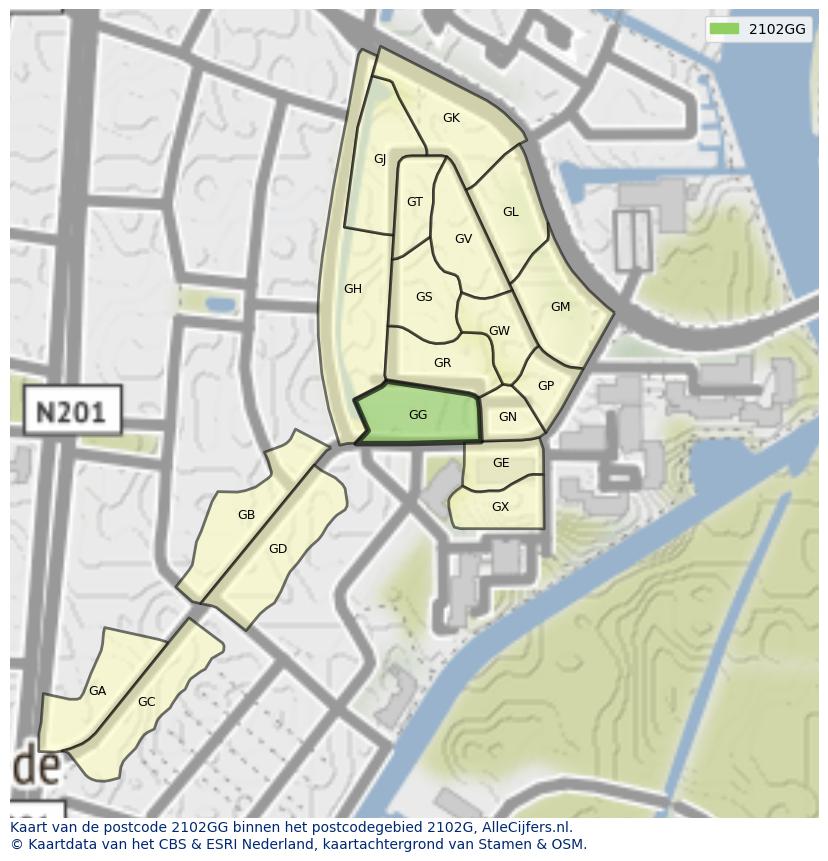 Afbeelding van het postcodegebied 2102 GG op de kaart.