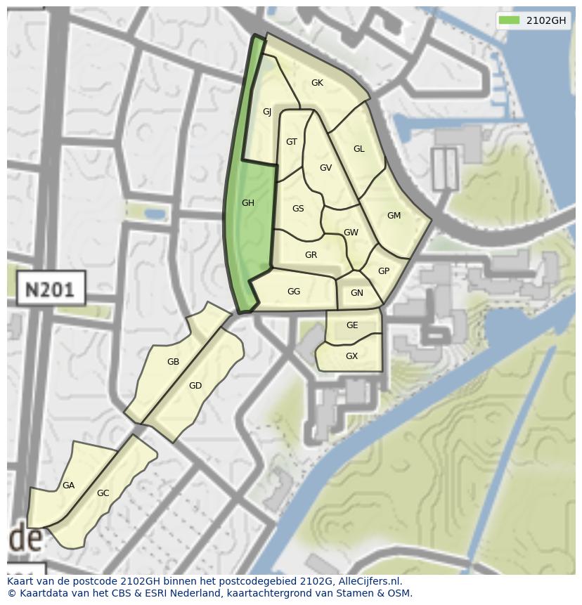 Afbeelding van het postcodegebied 2102 GH op de kaart.