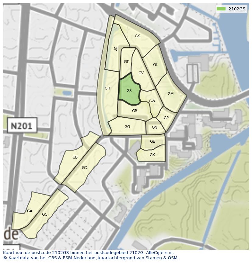 Afbeelding van het postcodegebied 2102 GS op de kaart.