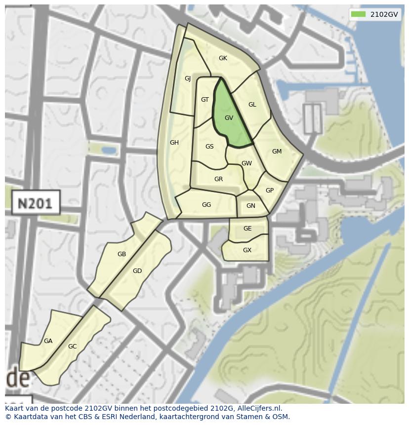 Afbeelding van het postcodegebied 2102 GV op de kaart.