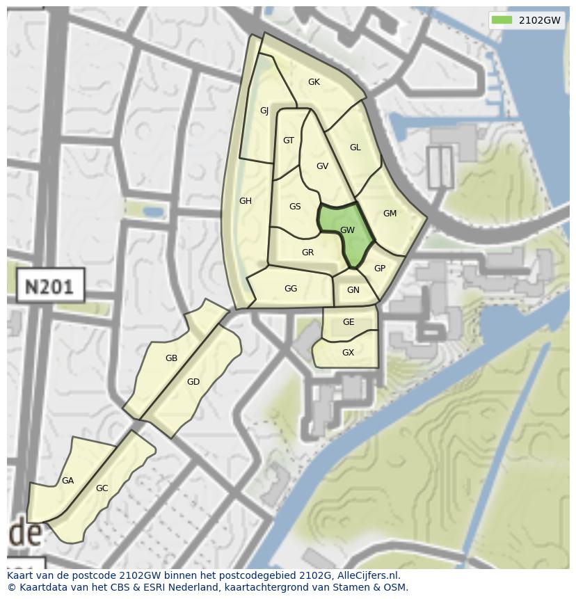 Afbeelding van het postcodegebied 2102 GW op de kaart.
