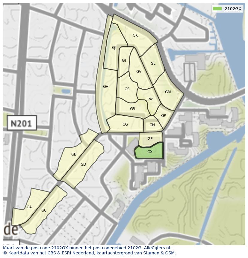 Afbeelding van het postcodegebied 2102 GX op de kaart.
