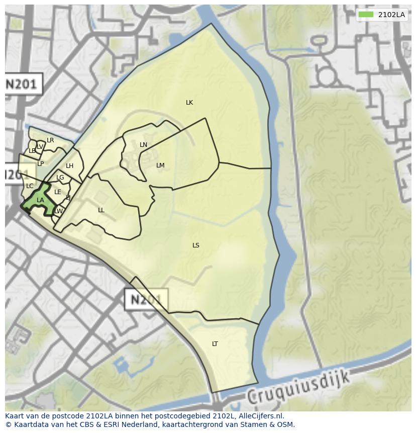 Afbeelding van het postcodegebied 2102 LA op de kaart.