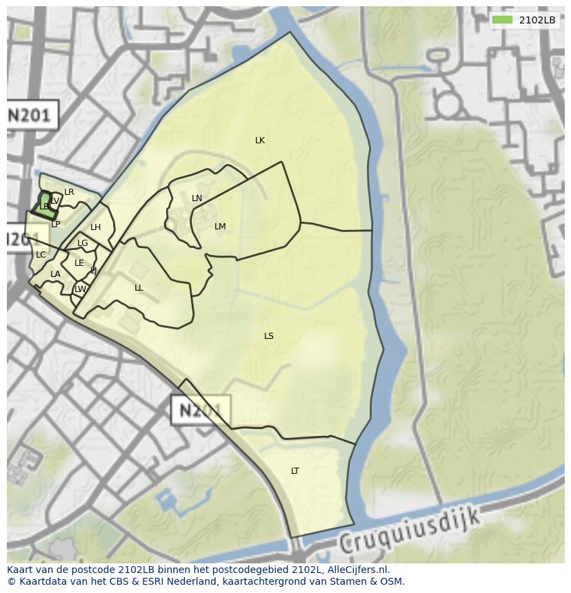 Afbeelding van het postcodegebied 2102 LB op de kaart.