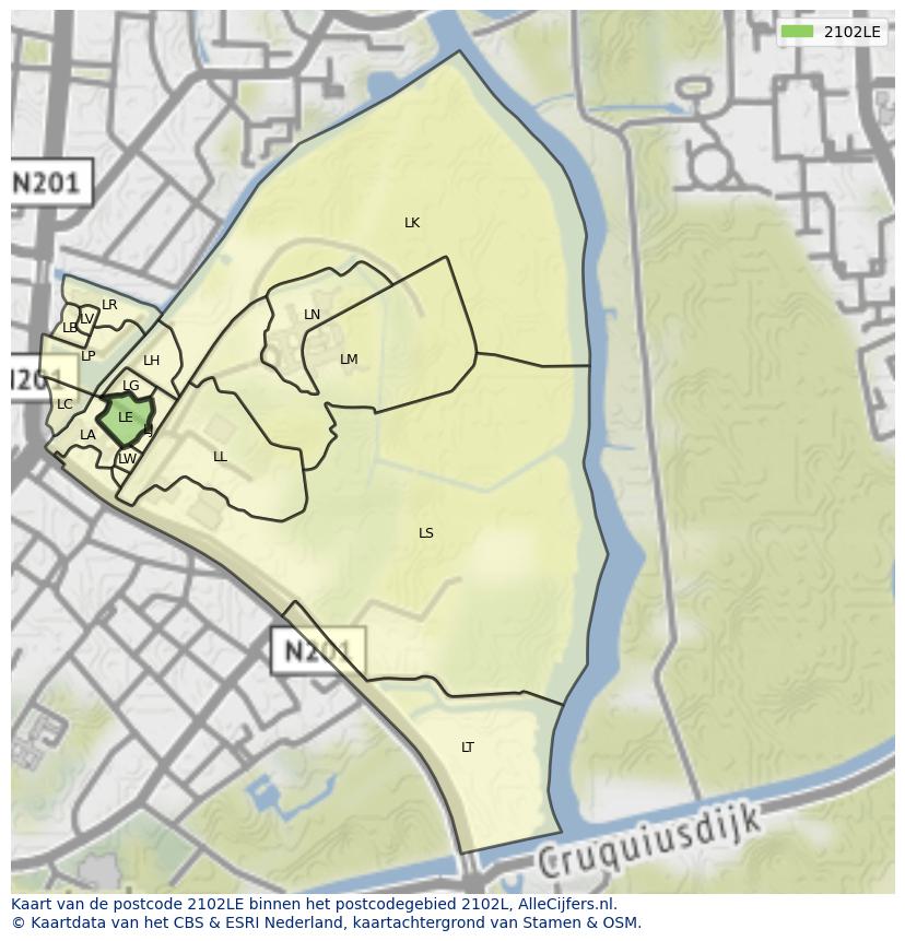 Afbeelding van het postcodegebied 2102 LE op de kaart.