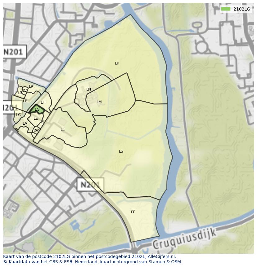 Afbeelding van het postcodegebied 2102 LG op de kaart.