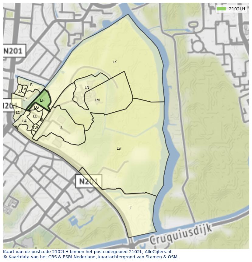Afbeelding van het postcodegebied 2102 LH op de kaart.