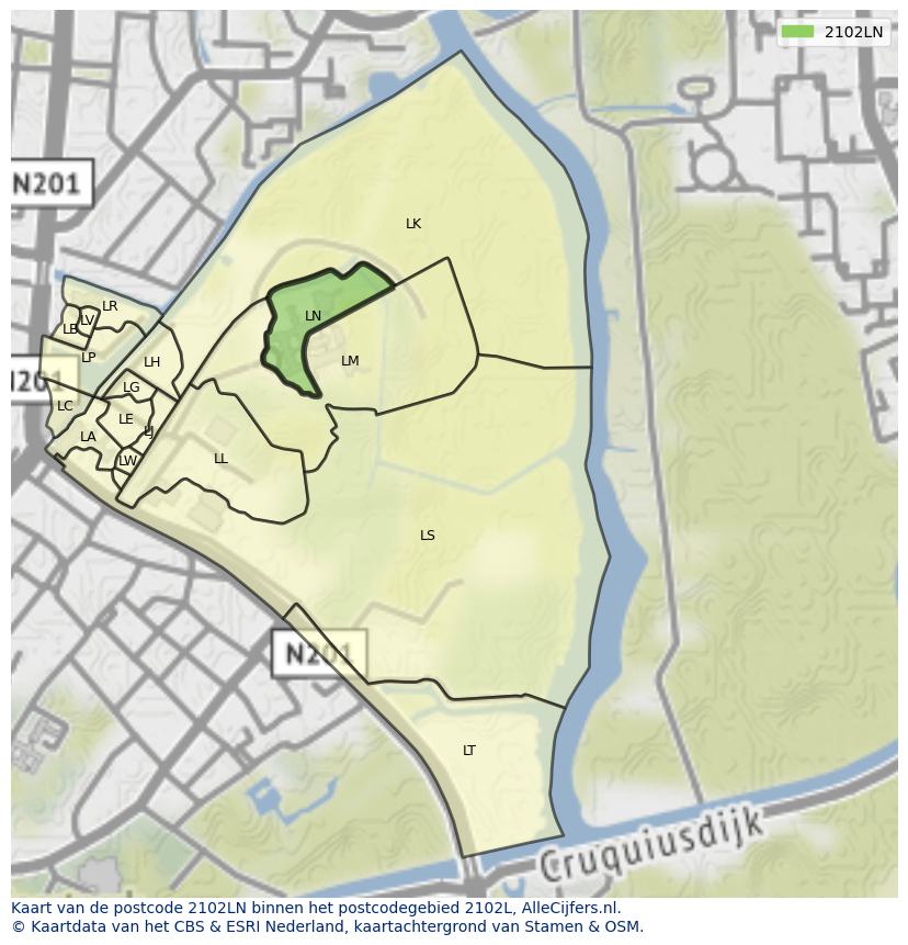 Afbeelding van het postcodegebied 2102 LN op de kaart.