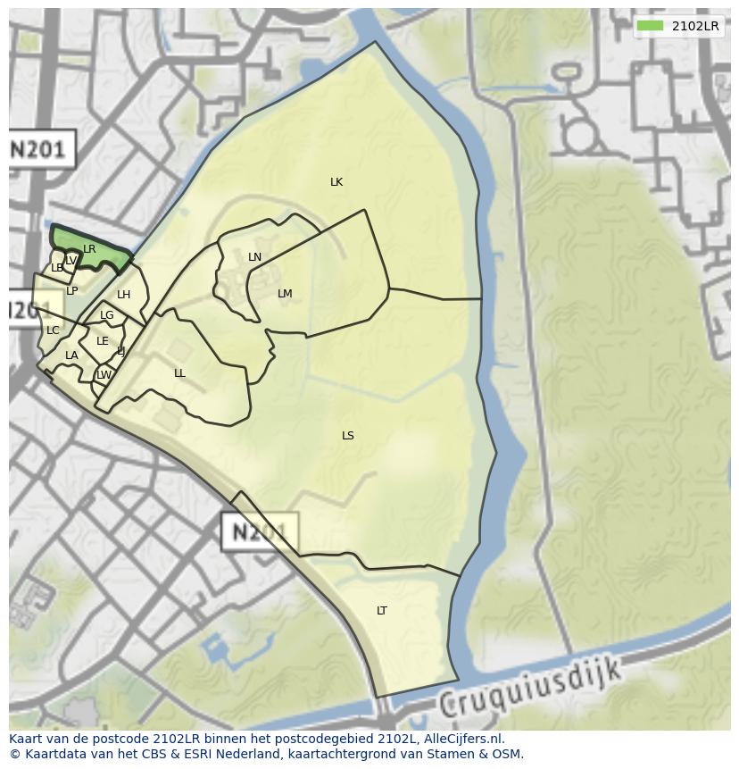 Afbeelding van het postcodegebied 2102 LR op de kaart.