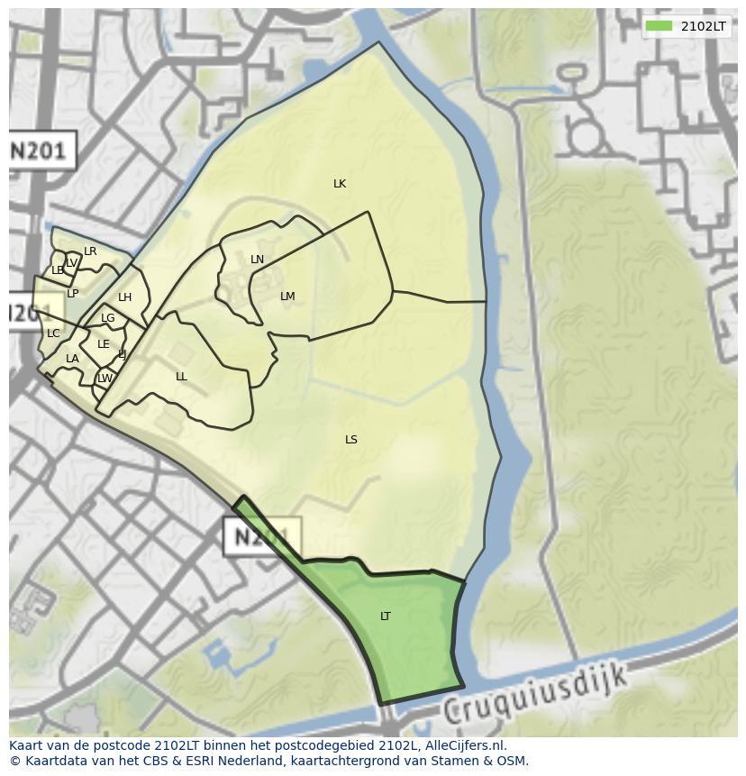 Afbeelding van het postcodegebied 2102 LT op de kaart.