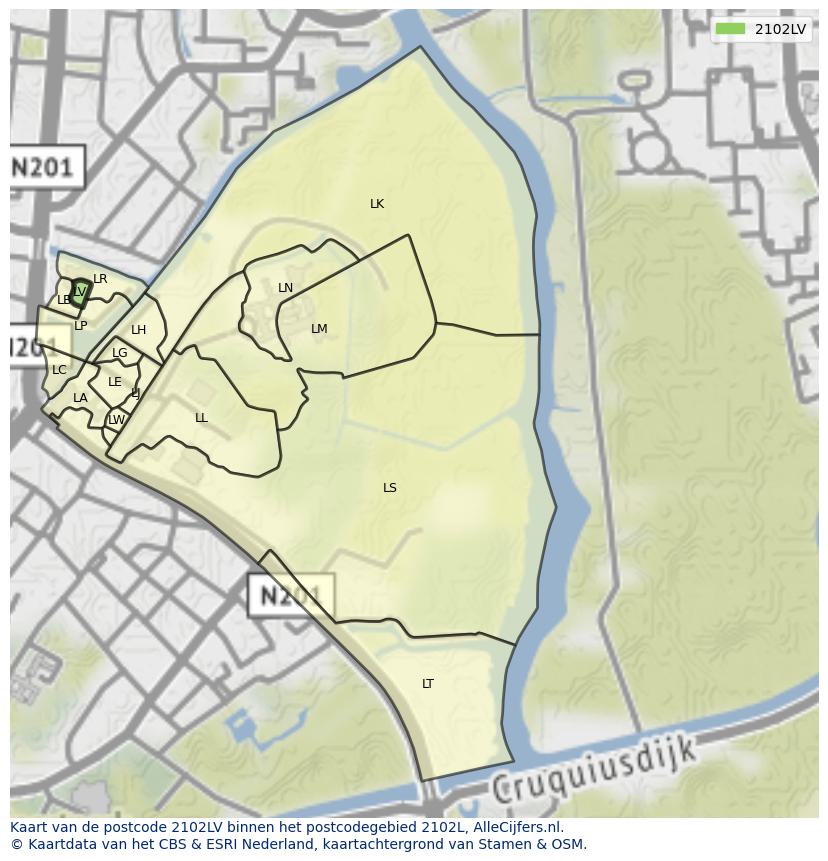 Afbeelding van het postcodegebied 2102 LV op de kaart.