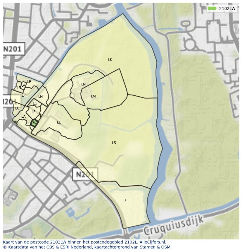 Afbeelding van het postcodegebied 2102 LW op de kaart.