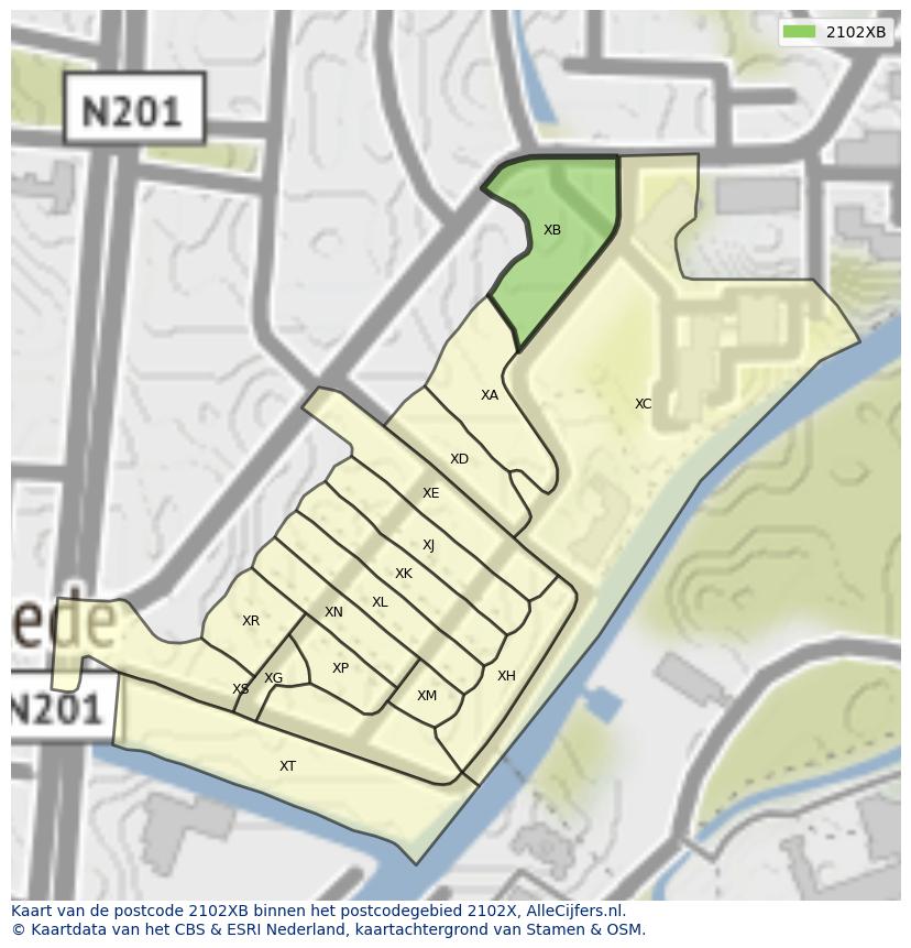 Afbeelding van het postcodegebied 2102 XB op de kaart.