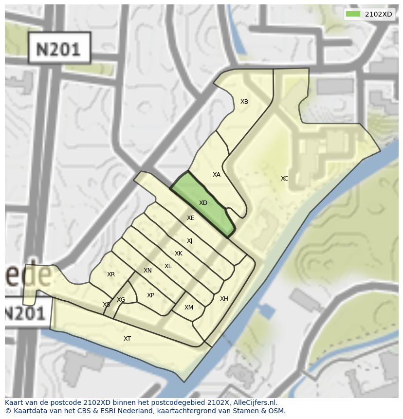 Afbeelding van het postcodegebied 2102 XD op de kaart.