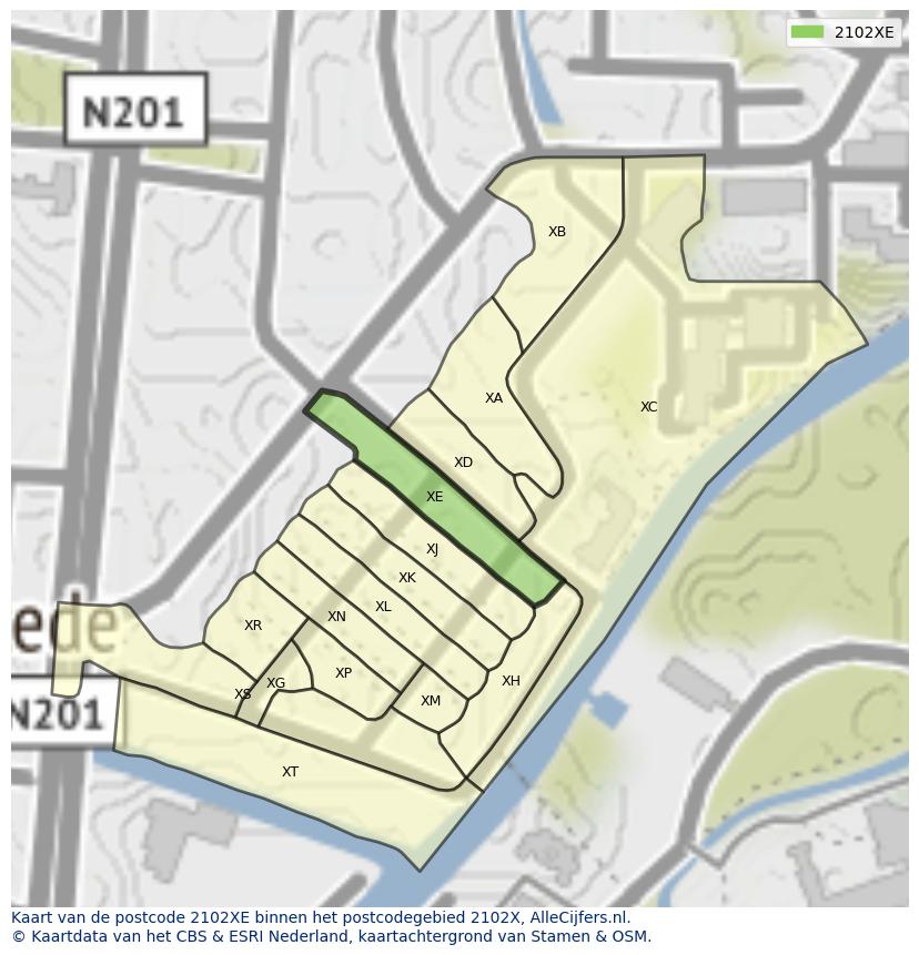 Afbeelding van het postcodegebied 2102 XE op de kaart.