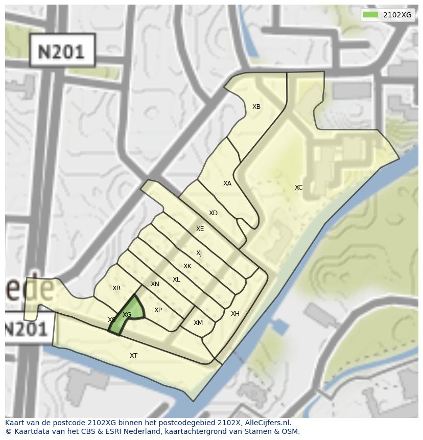 Afbeelding van het postcodegebied 2102 XG op de kaart.