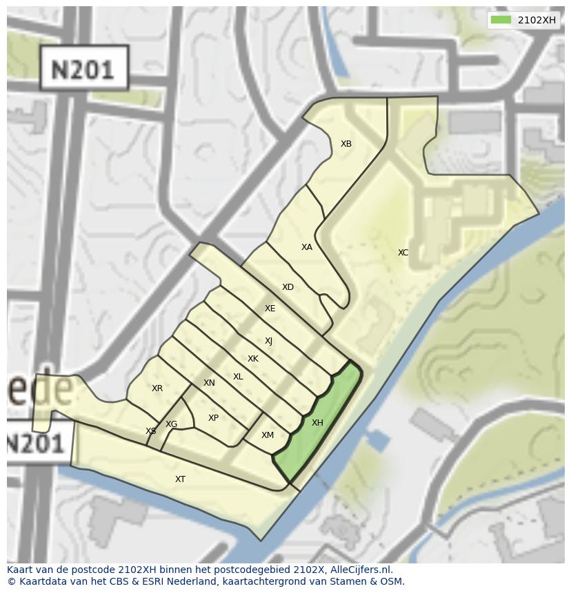 Afbeelding van het postcodegebied 2102 XH op de kaart.