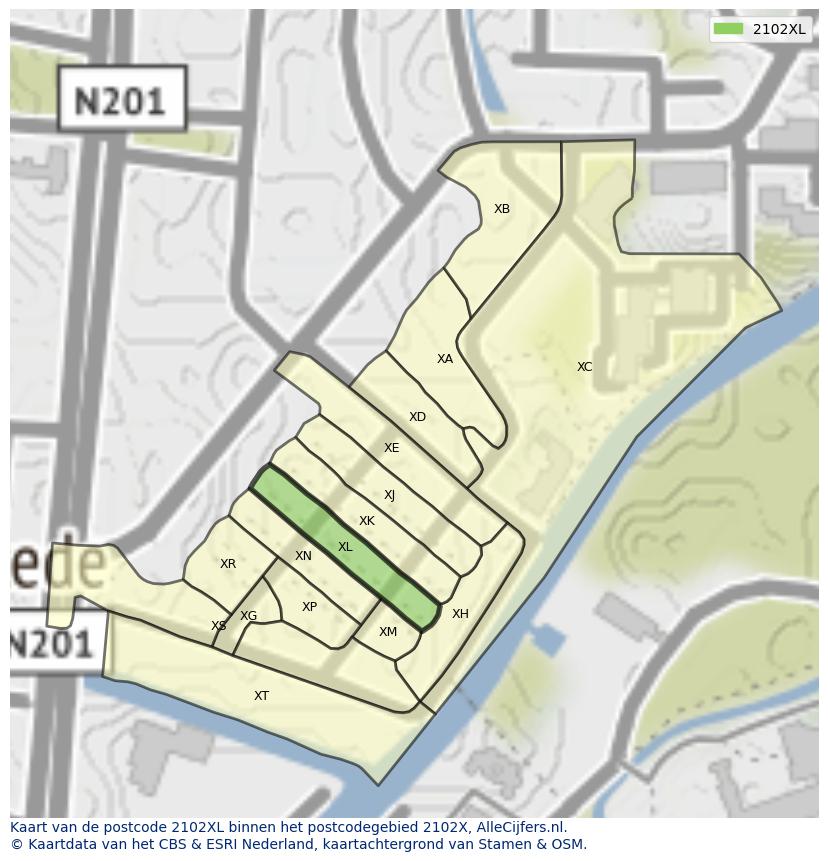 Afbeelding van het postcodegebied 2102 XL op de kaart.
