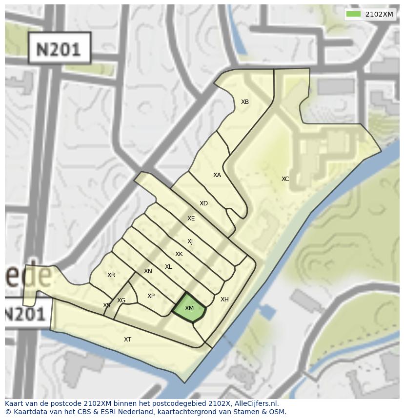 Afbeelding van het postcodegebied 2102 XM op de kaart.