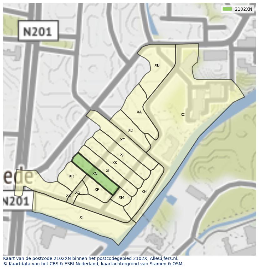 Afbeelding van het postcodegebied 2102 XN op de kaart.