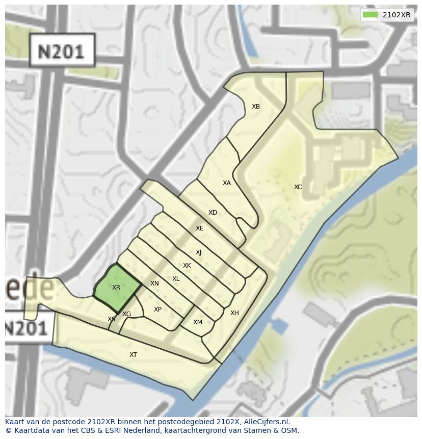 Afbeelding van het postcodegebied 2102 XR op de kaart.