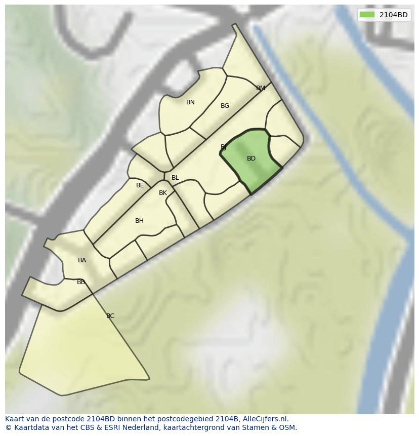 Afbeelding van het postcodegebied 2104 BD op de kaart.