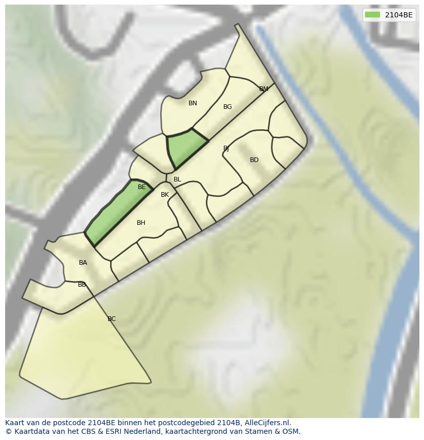 Afbeelding van het postcodegebied 2104 BE op de kaart.