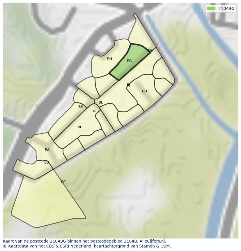 Afbeelding van het postcodegebied 2104 BG op de kaart.