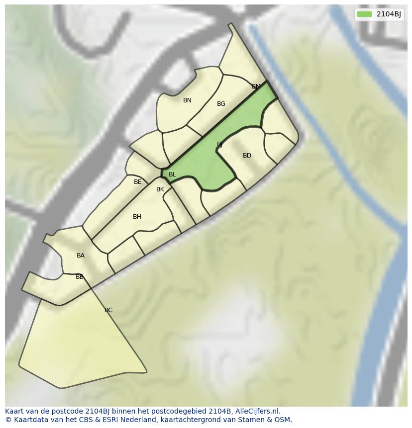 Afbeelding van het postcodegebied 2104 BJ op de kaart.
