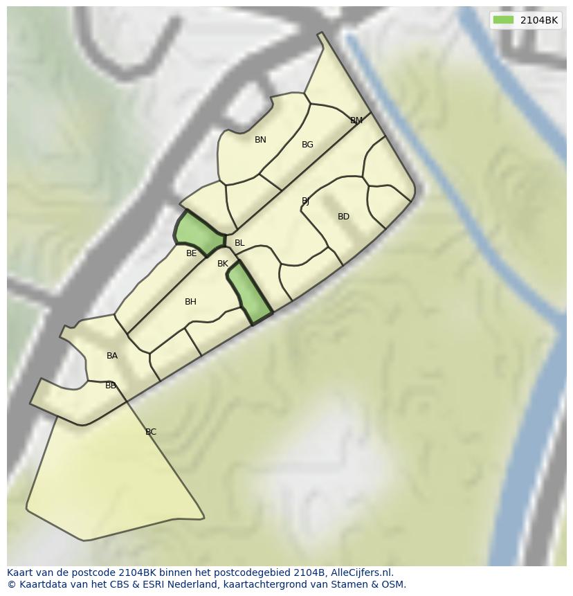 Afbeelding van het postcodegebied 2104 BK op de kaart.
