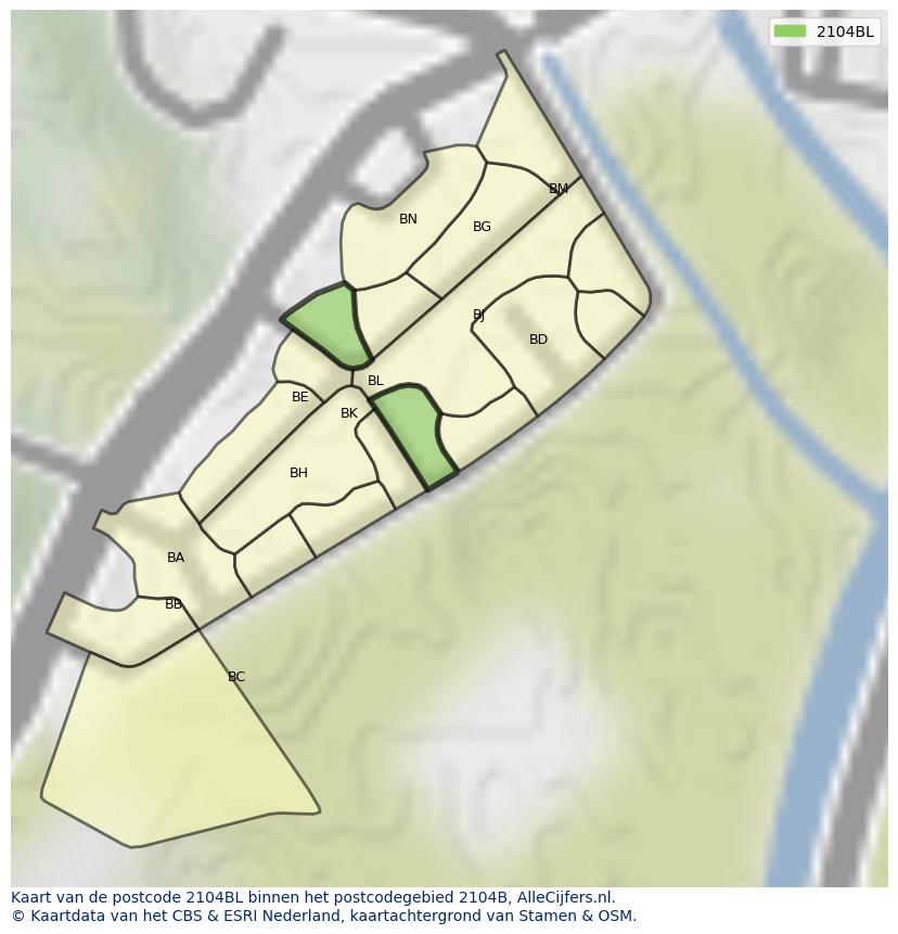 Afbeelding van het postcodegebied 2104 BL op de kaart.
