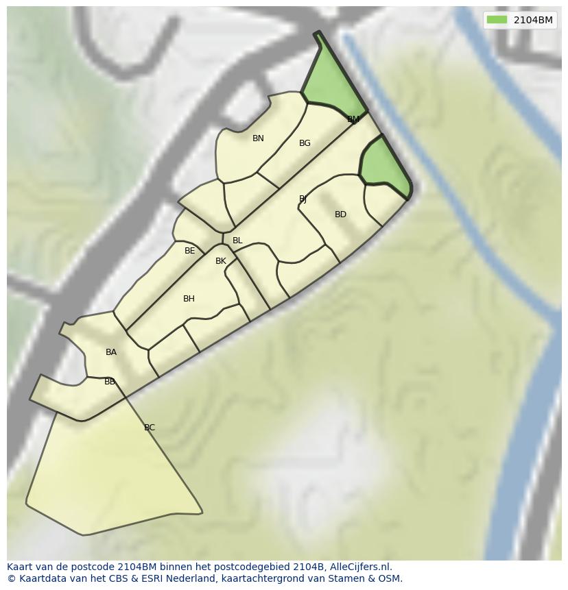 Afbeelding van het postcodegebied 2104 BM op de kaart.