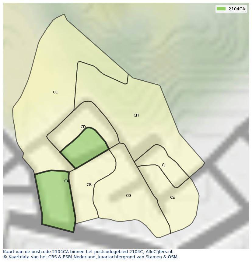 Afbeelding van het postcodegebied 2104 CA op de kaart.