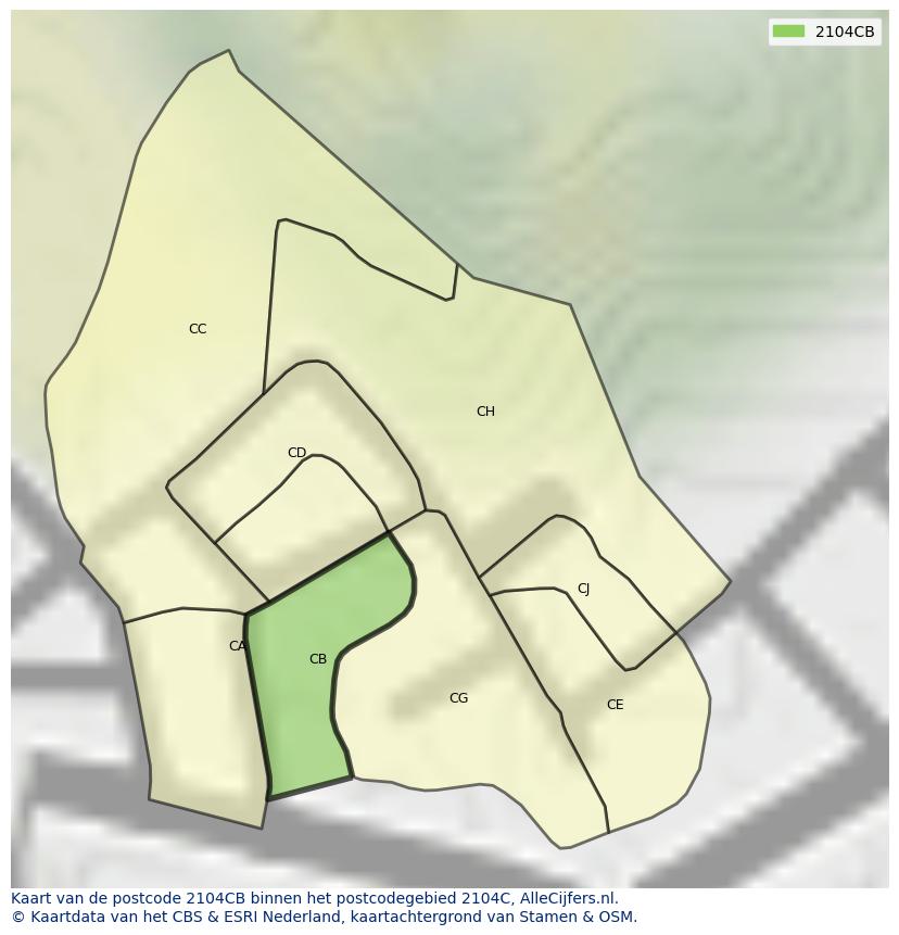 Afbeelding van het postcodegebied 2104 CB op de kaart.