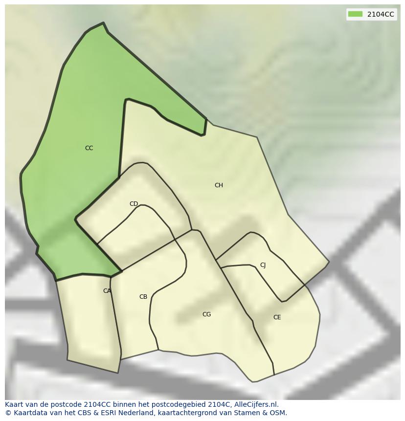 Afbeelding van het postcodegebied 2104 CC op de kaart.