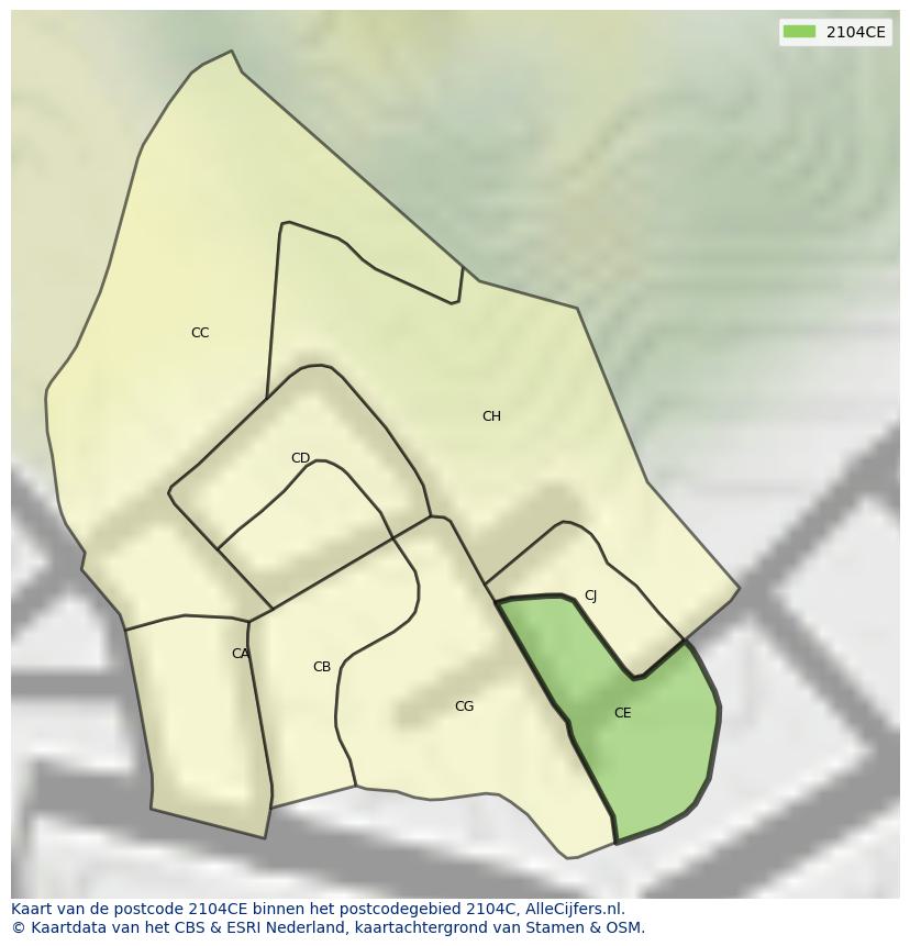 Afbeelding van het postcodegebied 2104 CE op de kaart.
